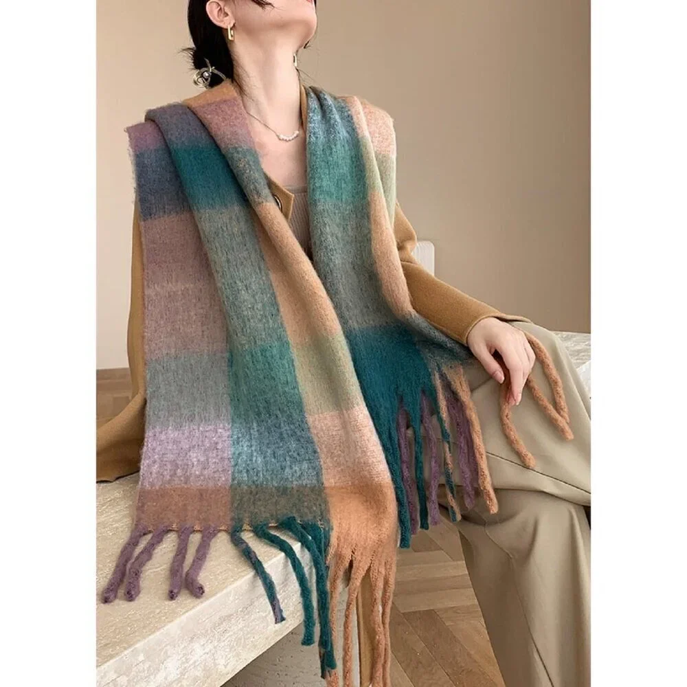 Women's Green Dark Khaki Winter Warm Long Shawl Cold Weather Thick Blanket Scarf